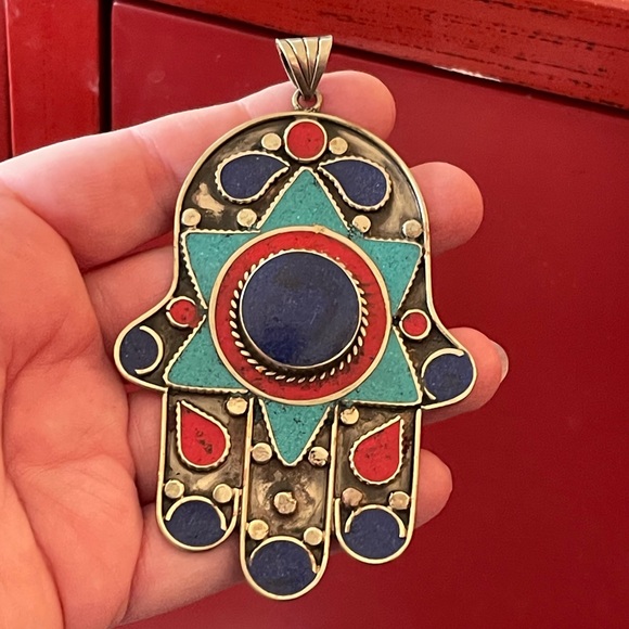 Ethnic Gemstone Tibetan silver Hamsa pendant - Picture 2 of 8